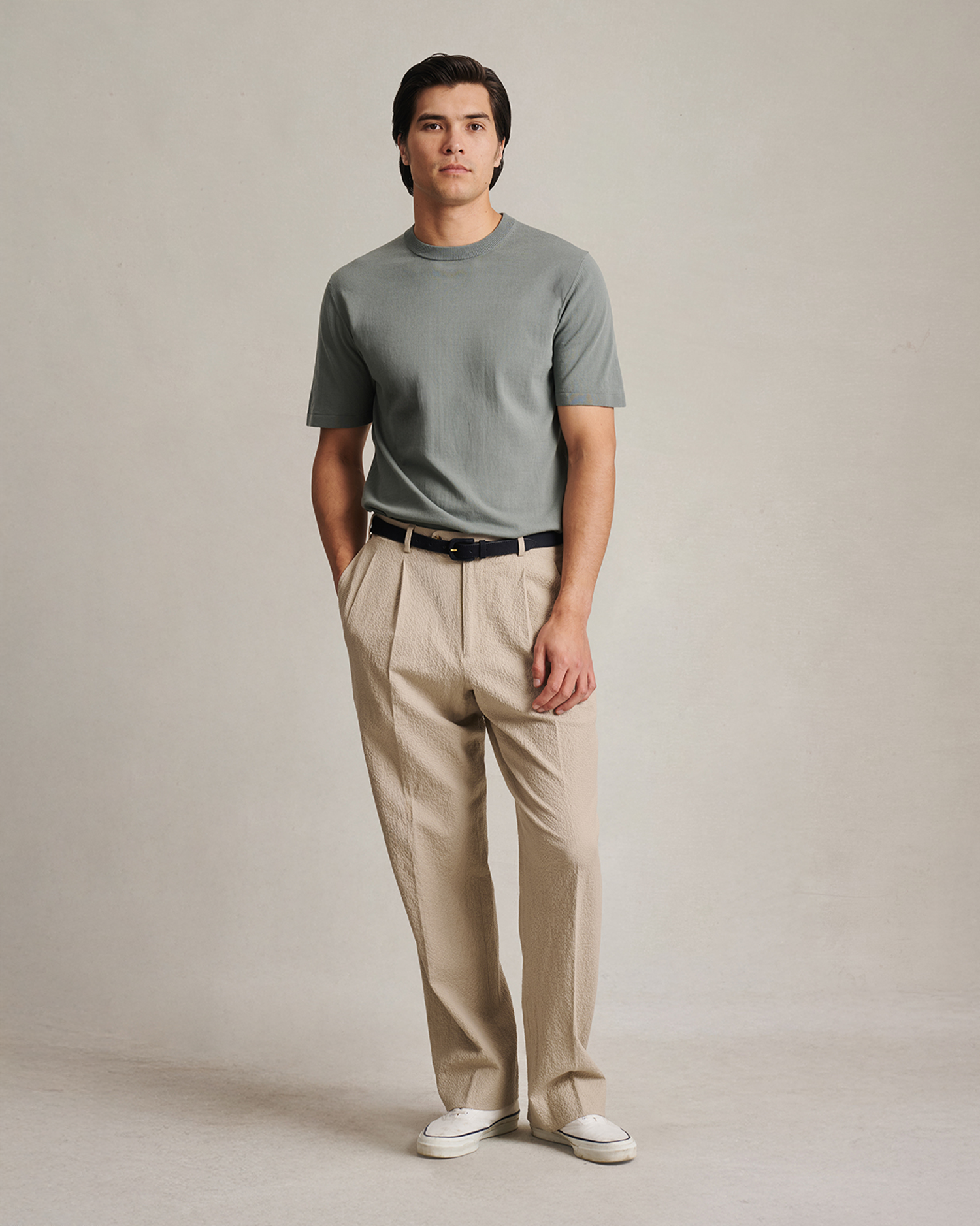 Double Pleated Trousers - Taupe Seersucker