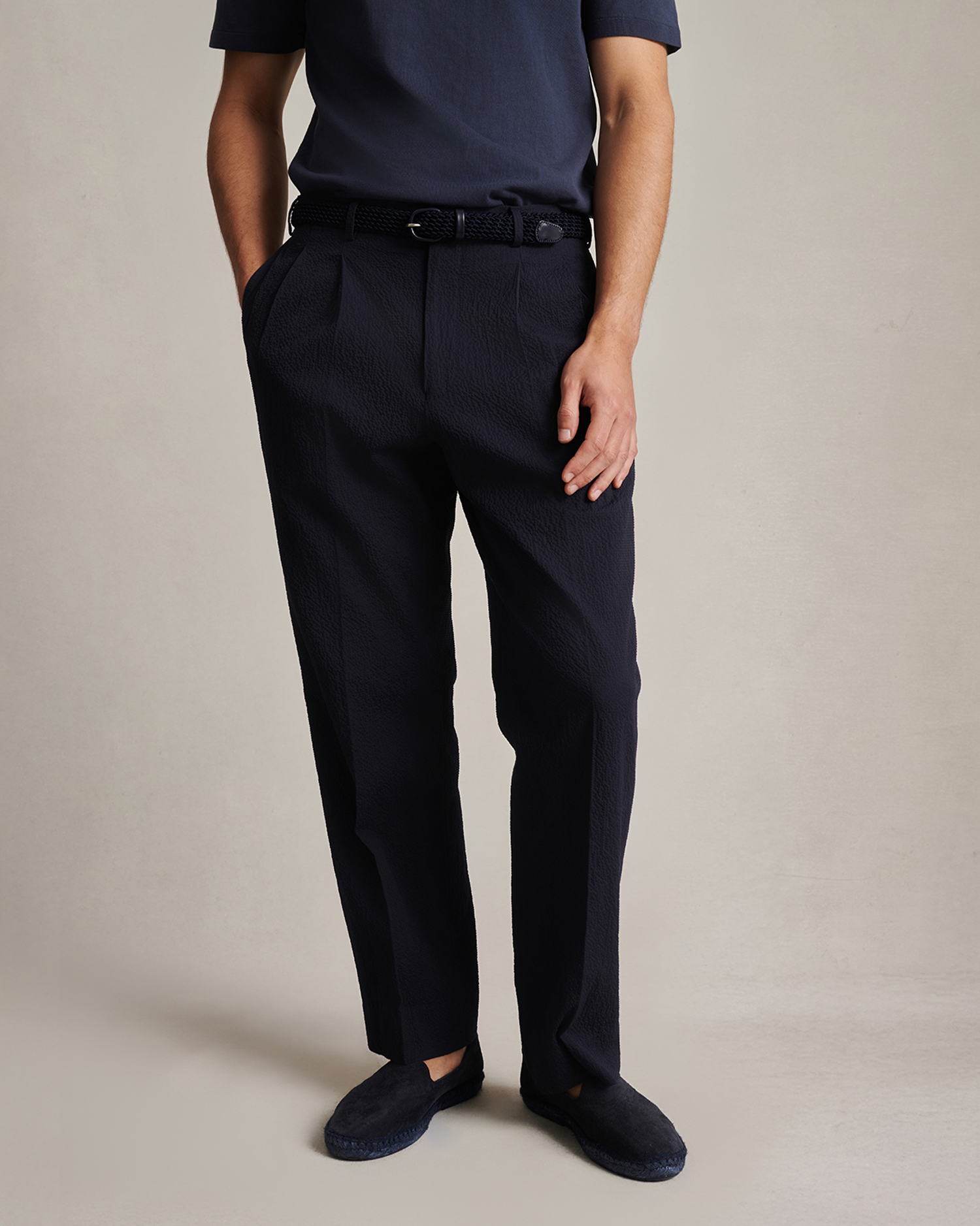 Double Pleated Trousers - Navy Seersucker