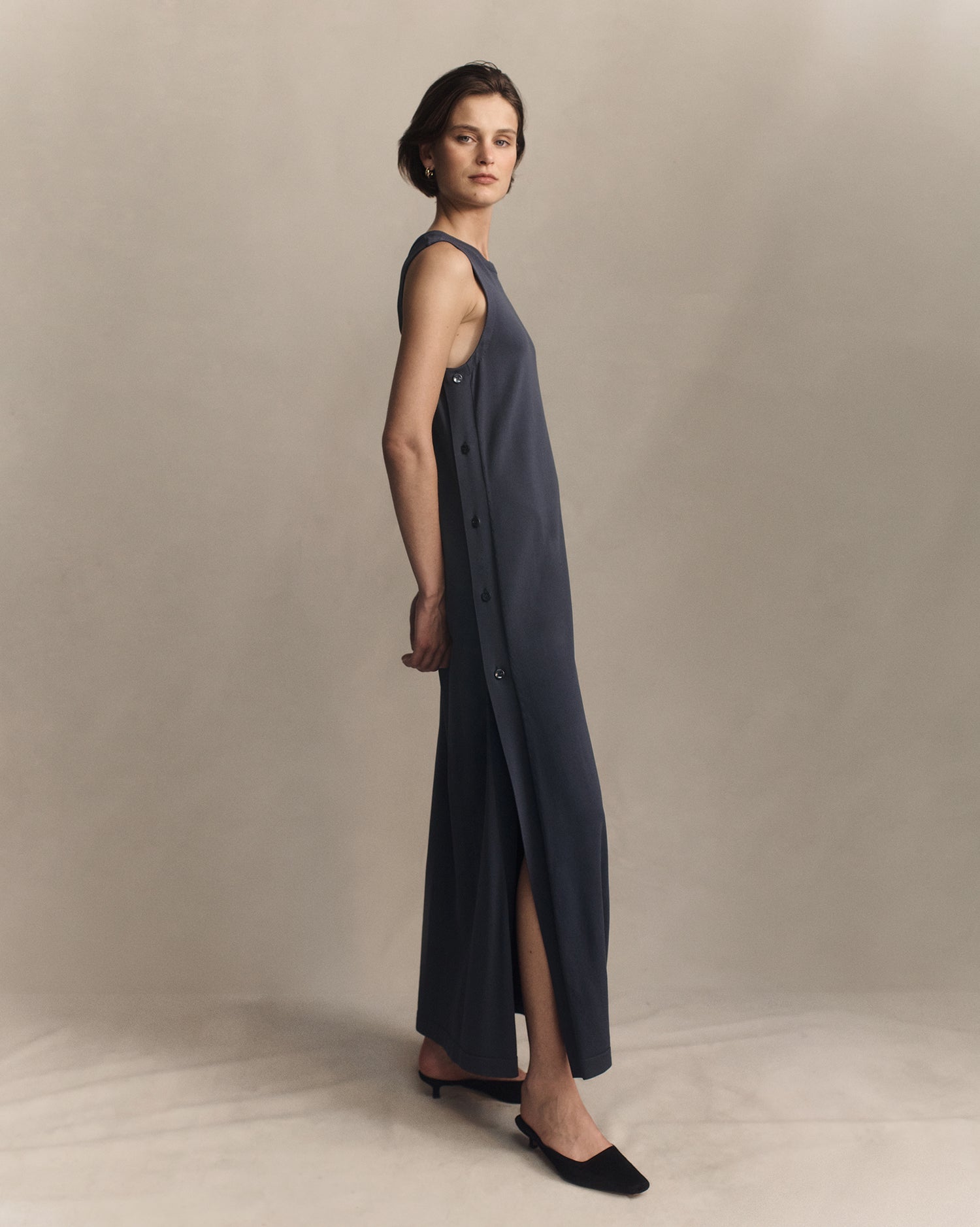 Crepe Knit Button Dress - Oily Blue | P Johnson