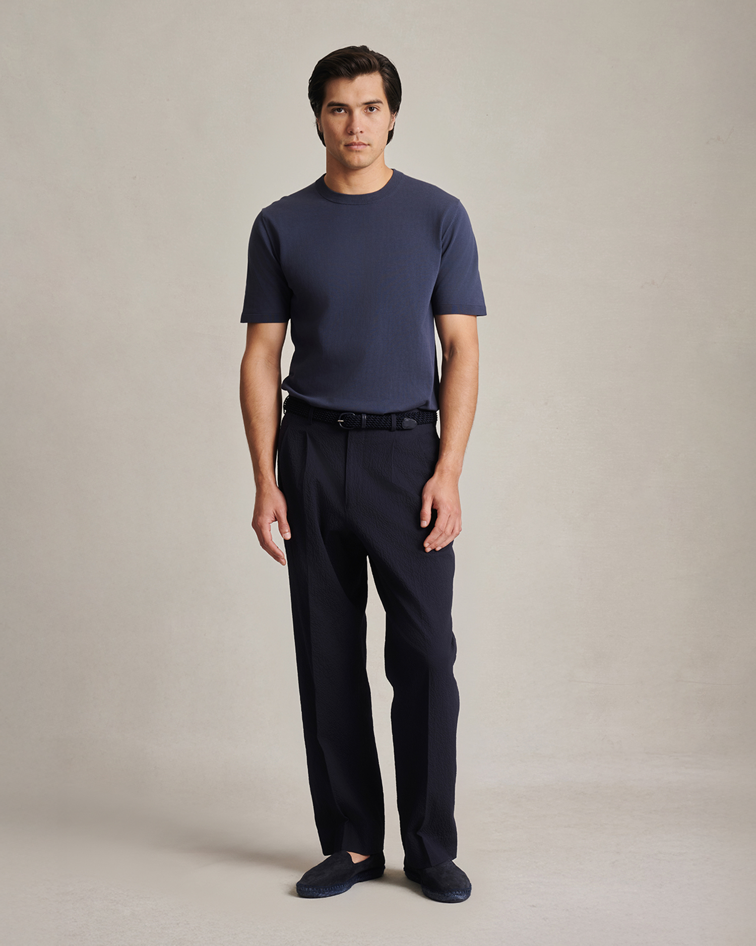 Double Pleated Trousers - Navy Seersucker