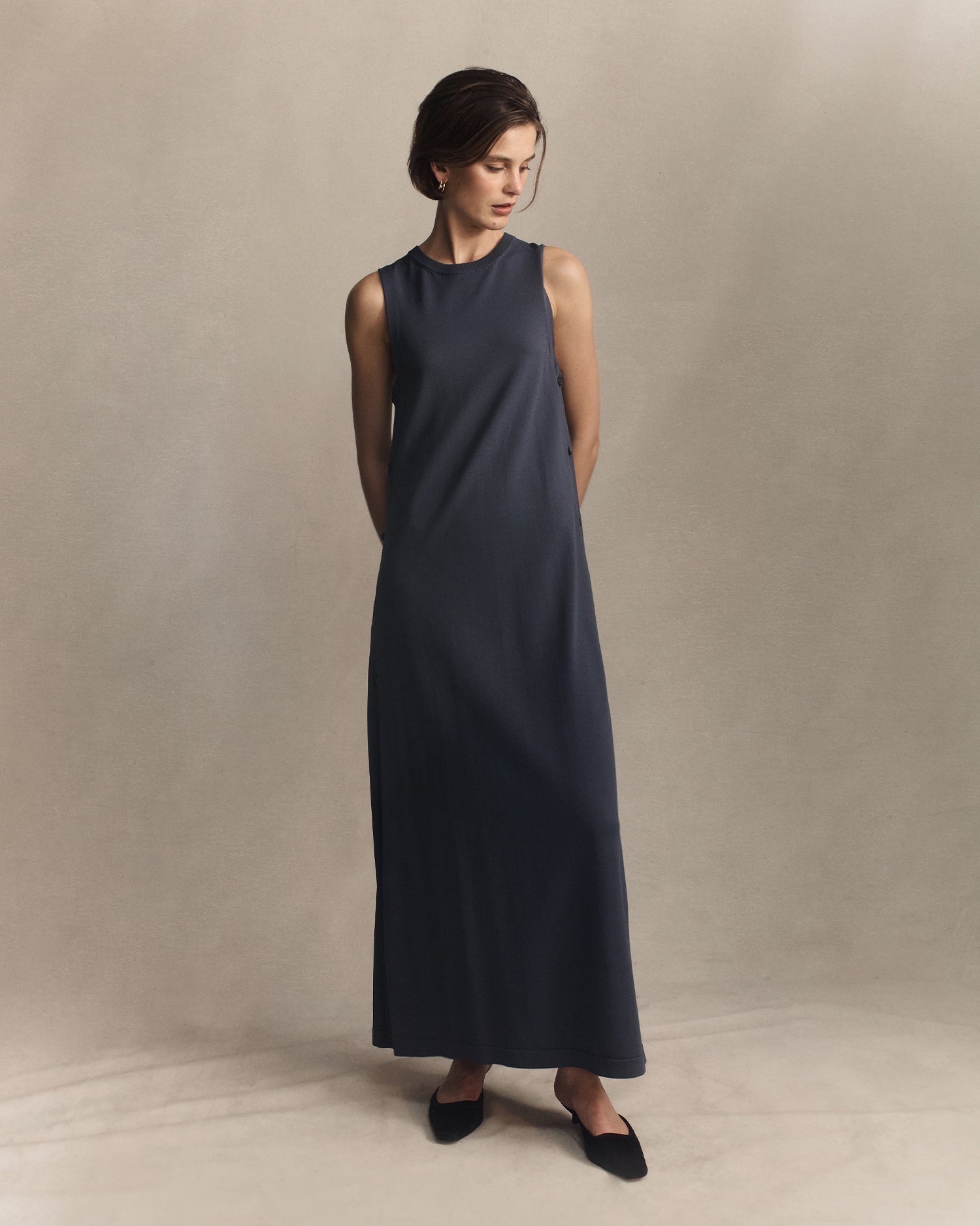 Crepe Knit Button Dress - Oily Blue | P Johnson