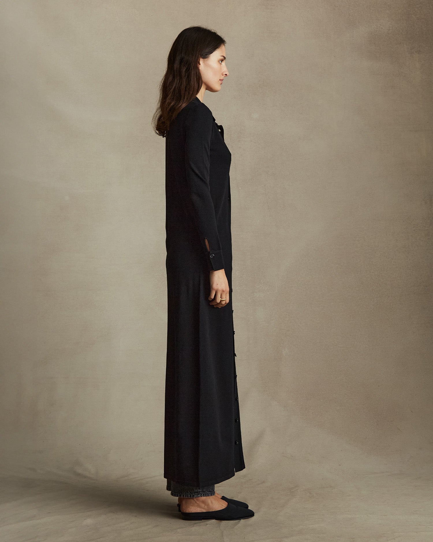 Crepe Knit Shirt Dress - Black