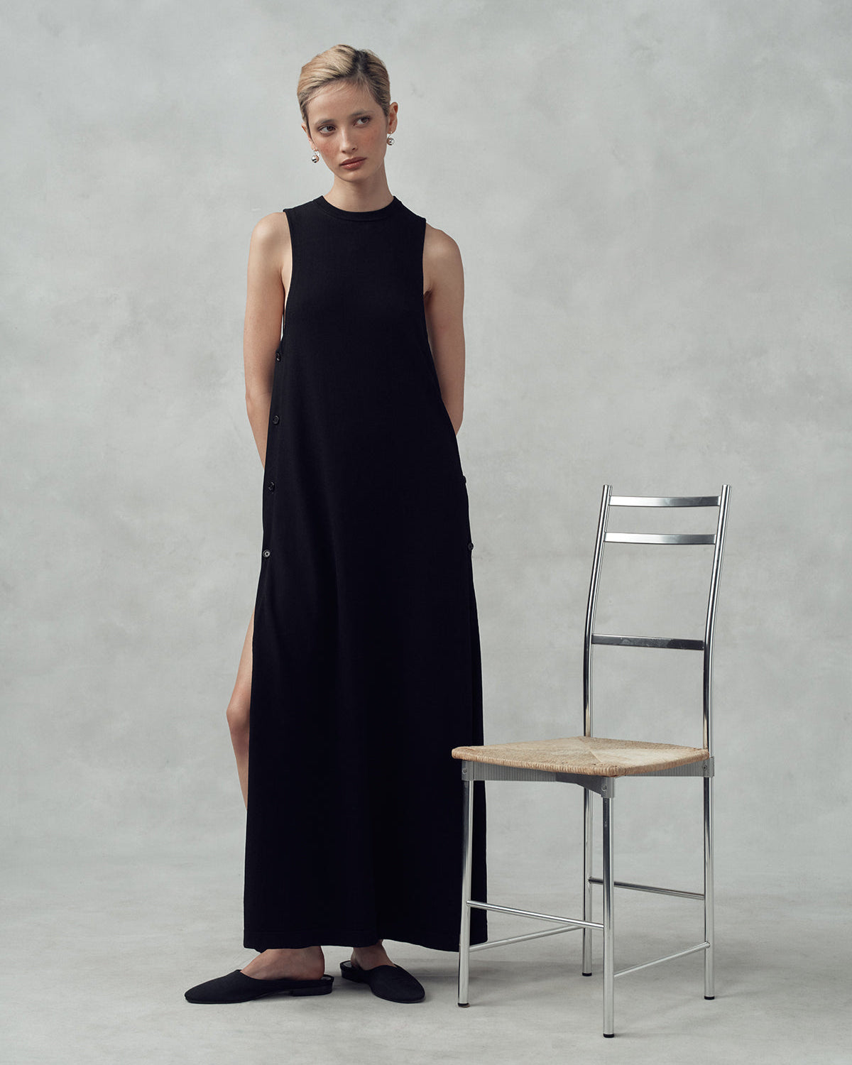 Crepe Knit Button Dress - Black | P Johnson