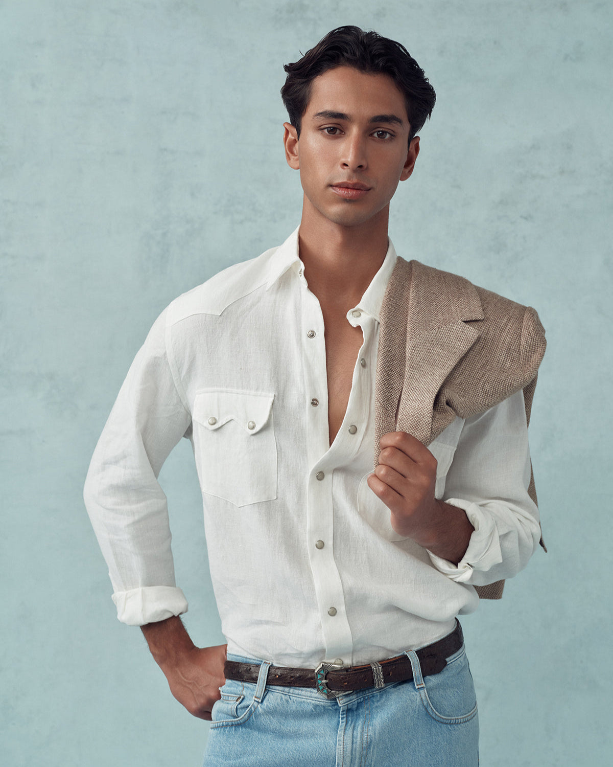 Western Shirt - White Linen Canvas