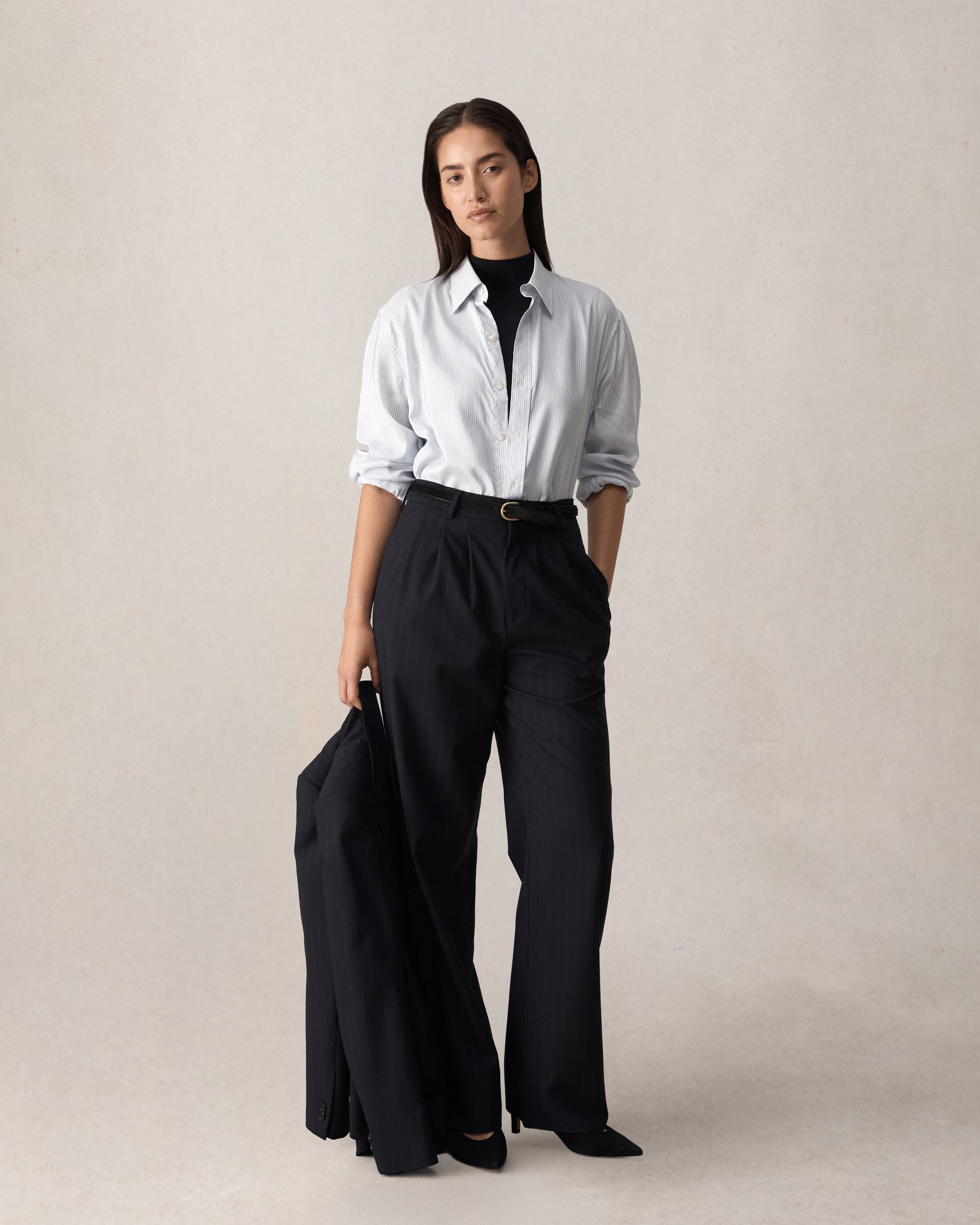 Ava Pleated Trouser - Navy Pinstripe
