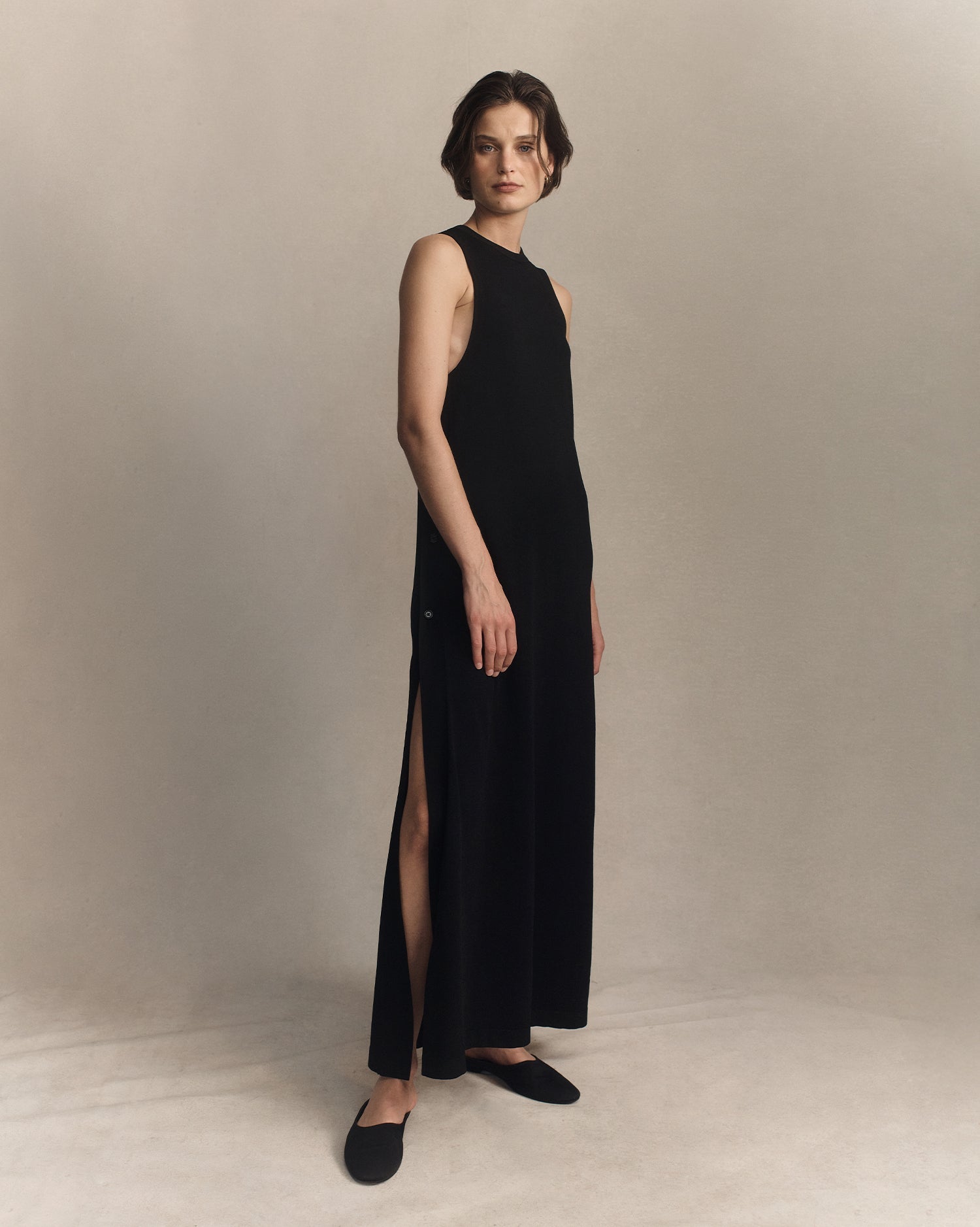 Crepe Knit Button Dress - Black | P Johnson