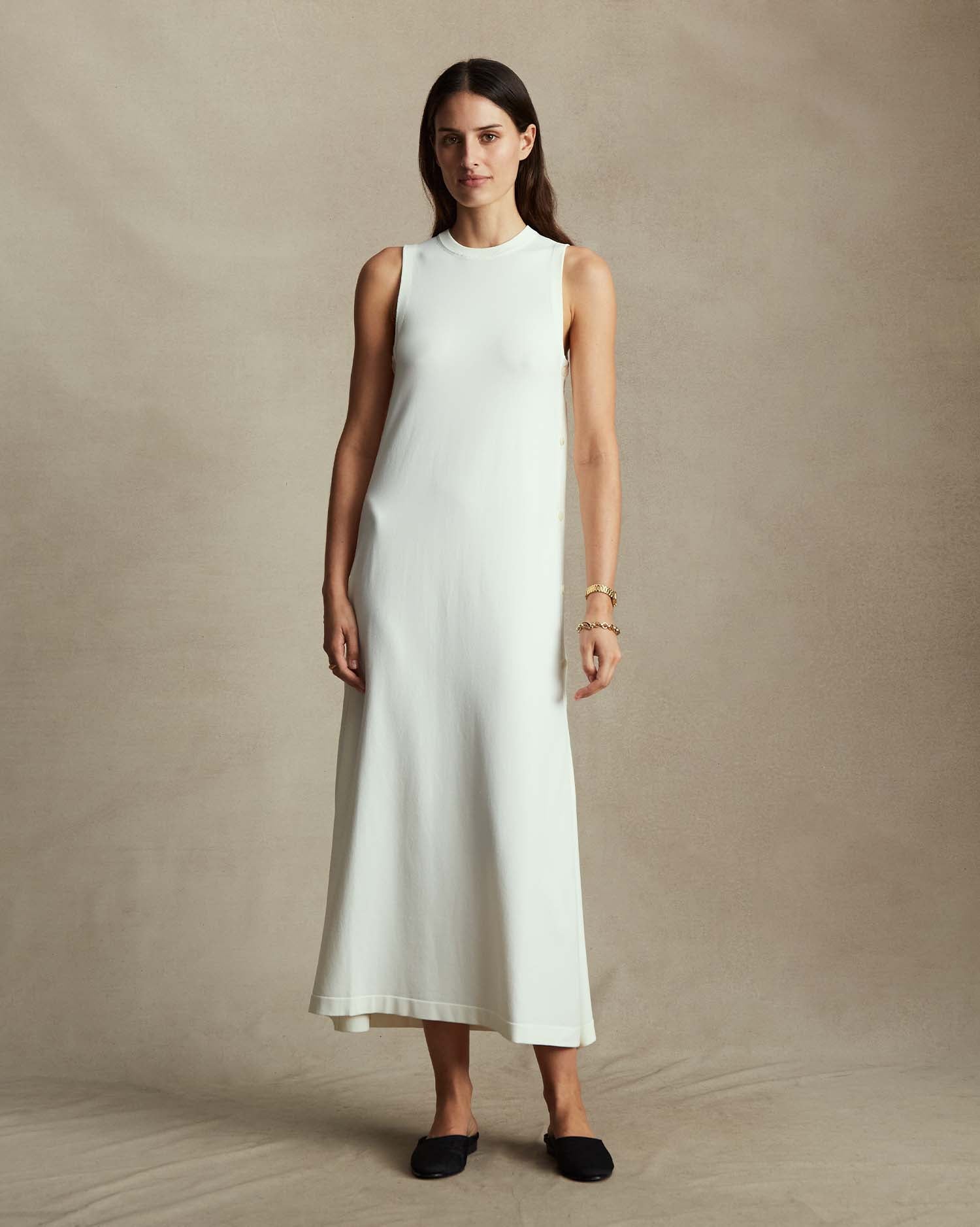 Crepe Knit Button Dress - Off White