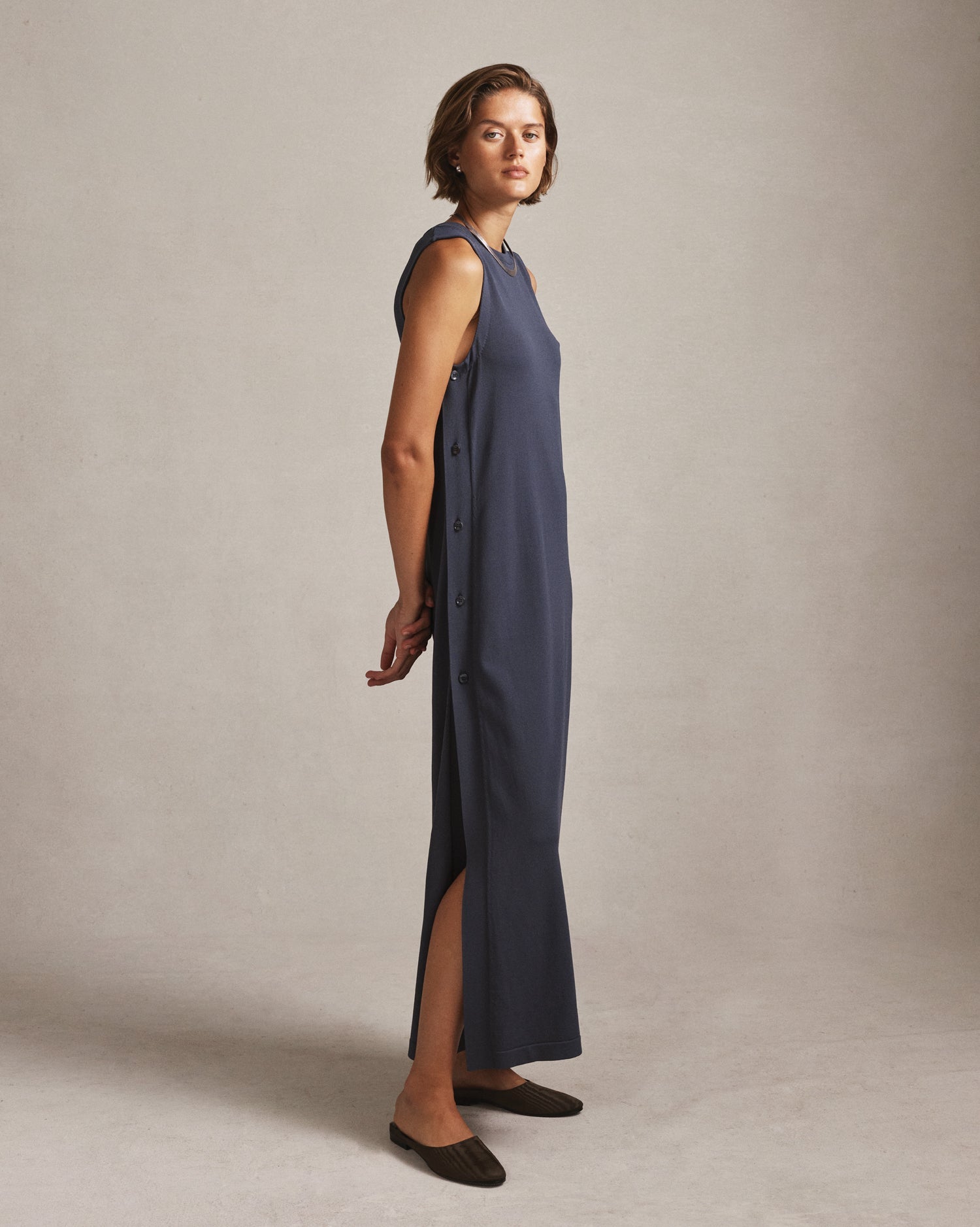 Crepe Knit Button Dress - Oily Blue