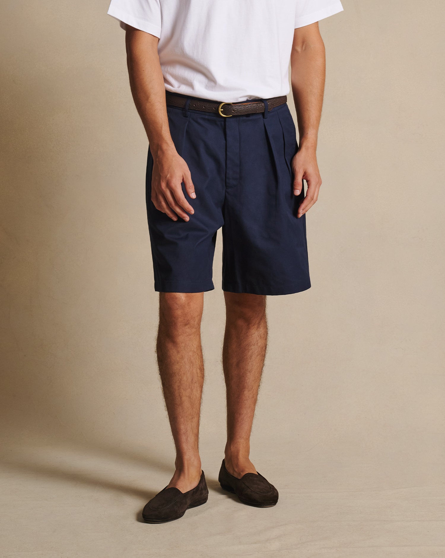 Double Pleated Chino Shorts - Navy
