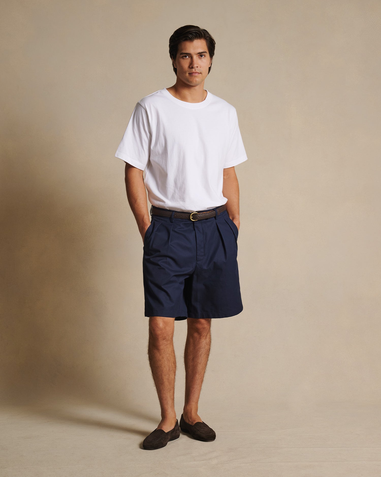 Double Pleated Chino Shorts - Navy