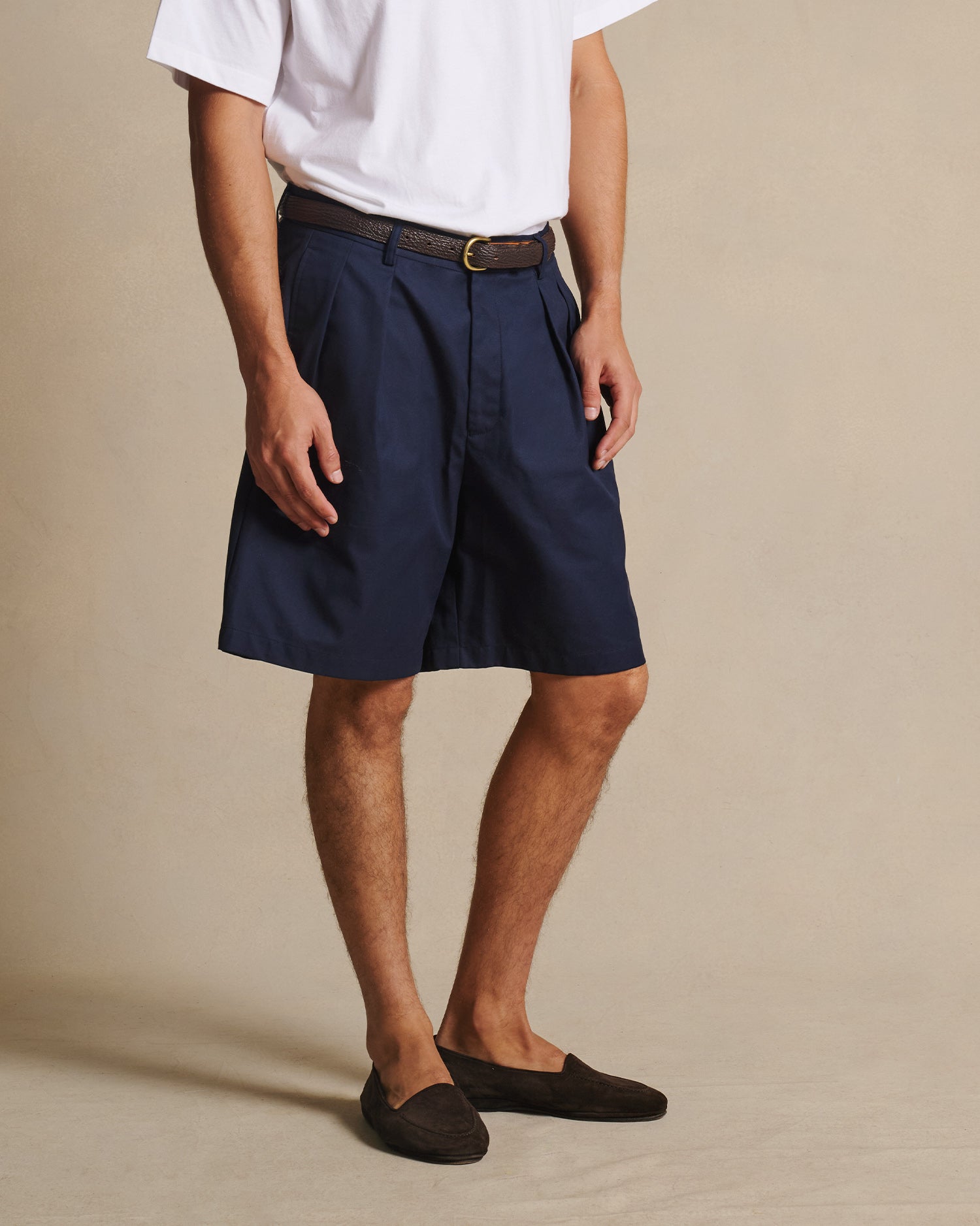 Double Pleated Chino Shorts - Navy