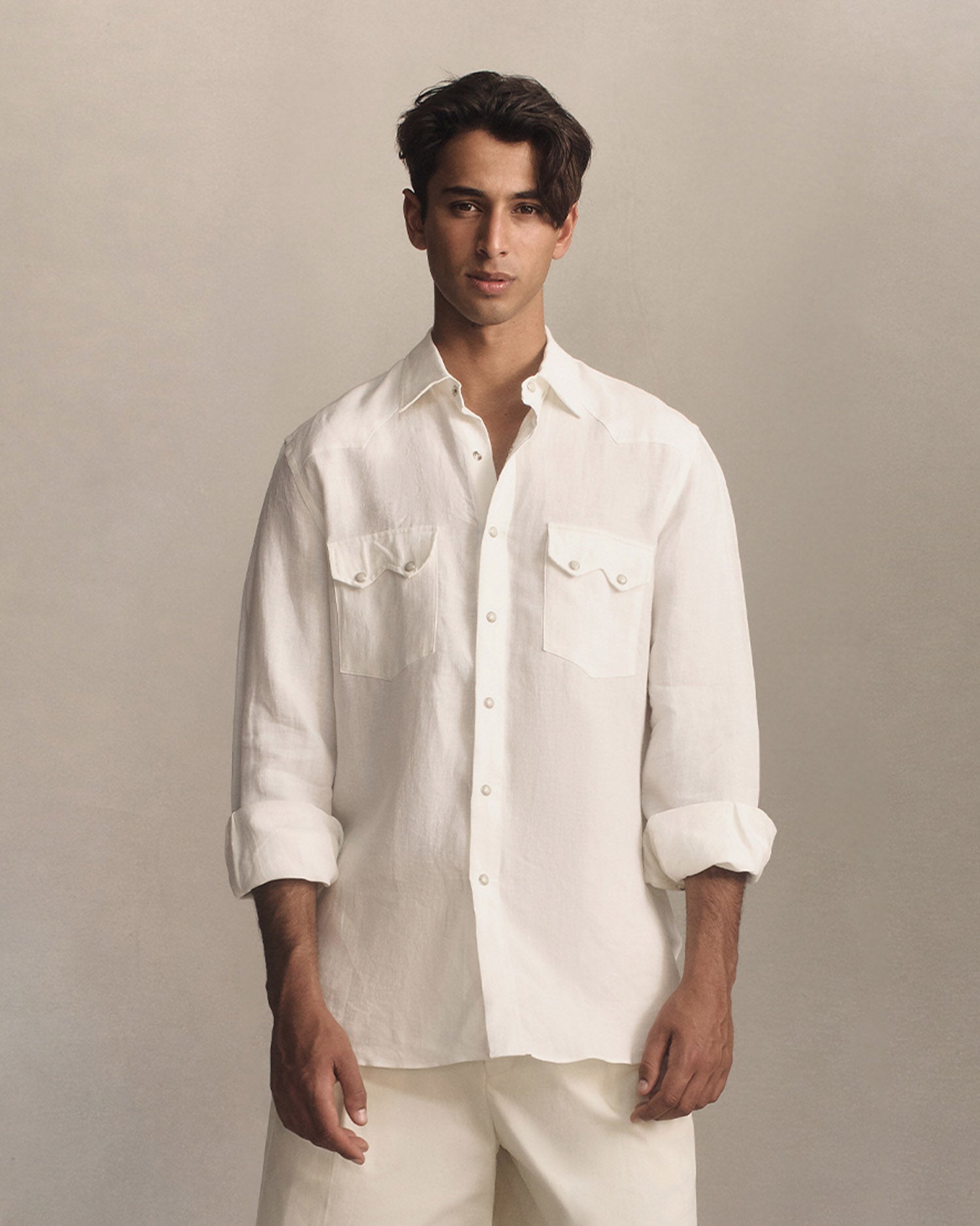 Western Shirt - White Linen Canvas