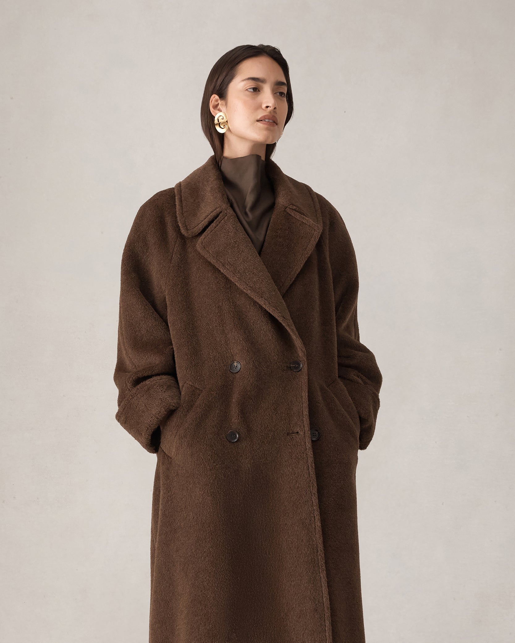 Double Breasted Raglan Overcoat - Brown