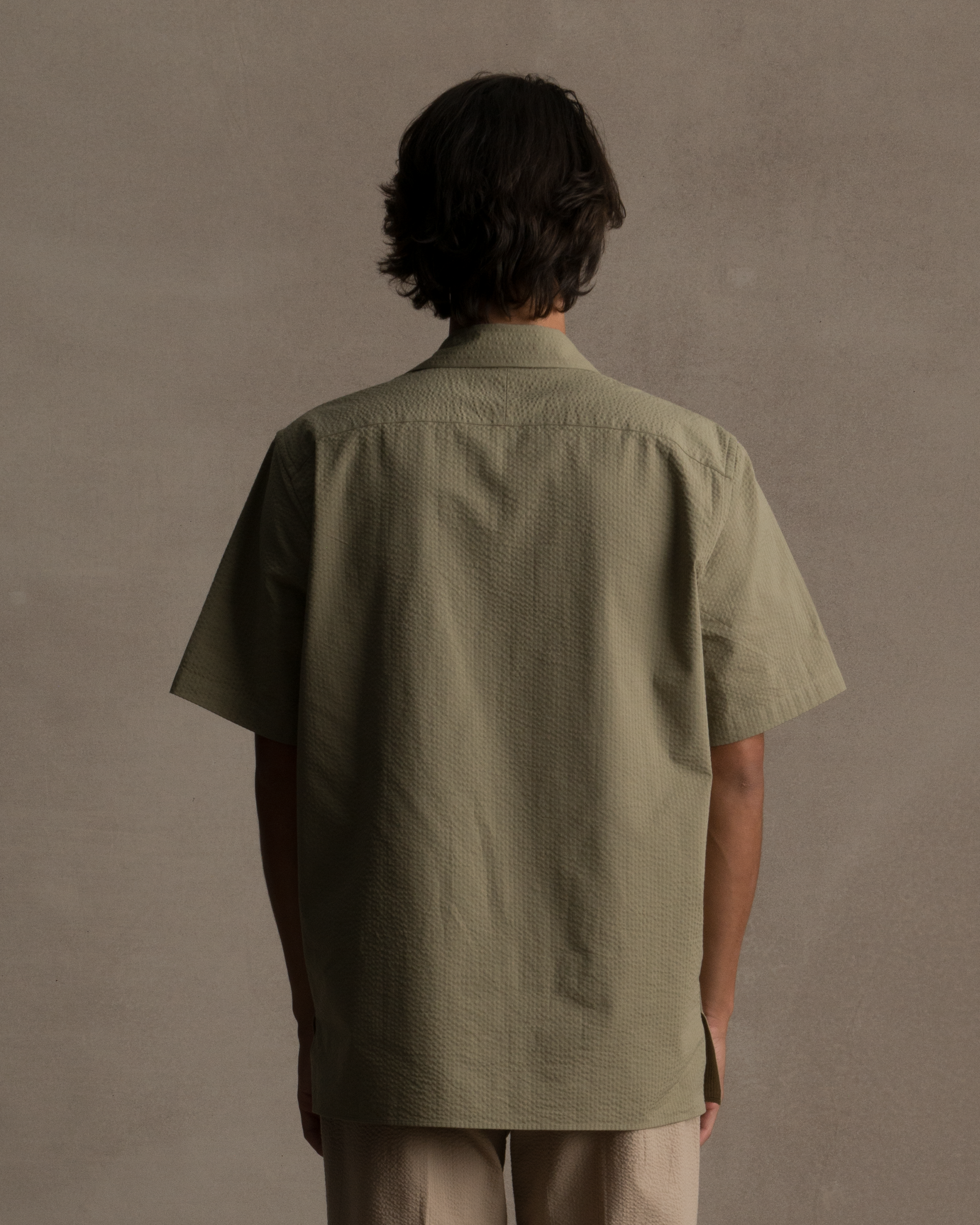 Olive Seersucker Camp Collar Shirt