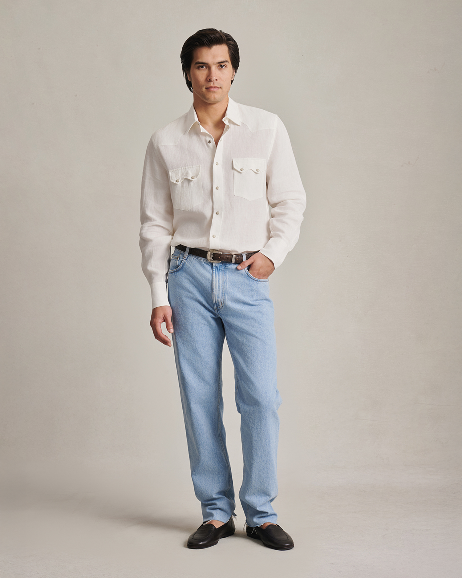 Western Shirt - White Linen Canvas