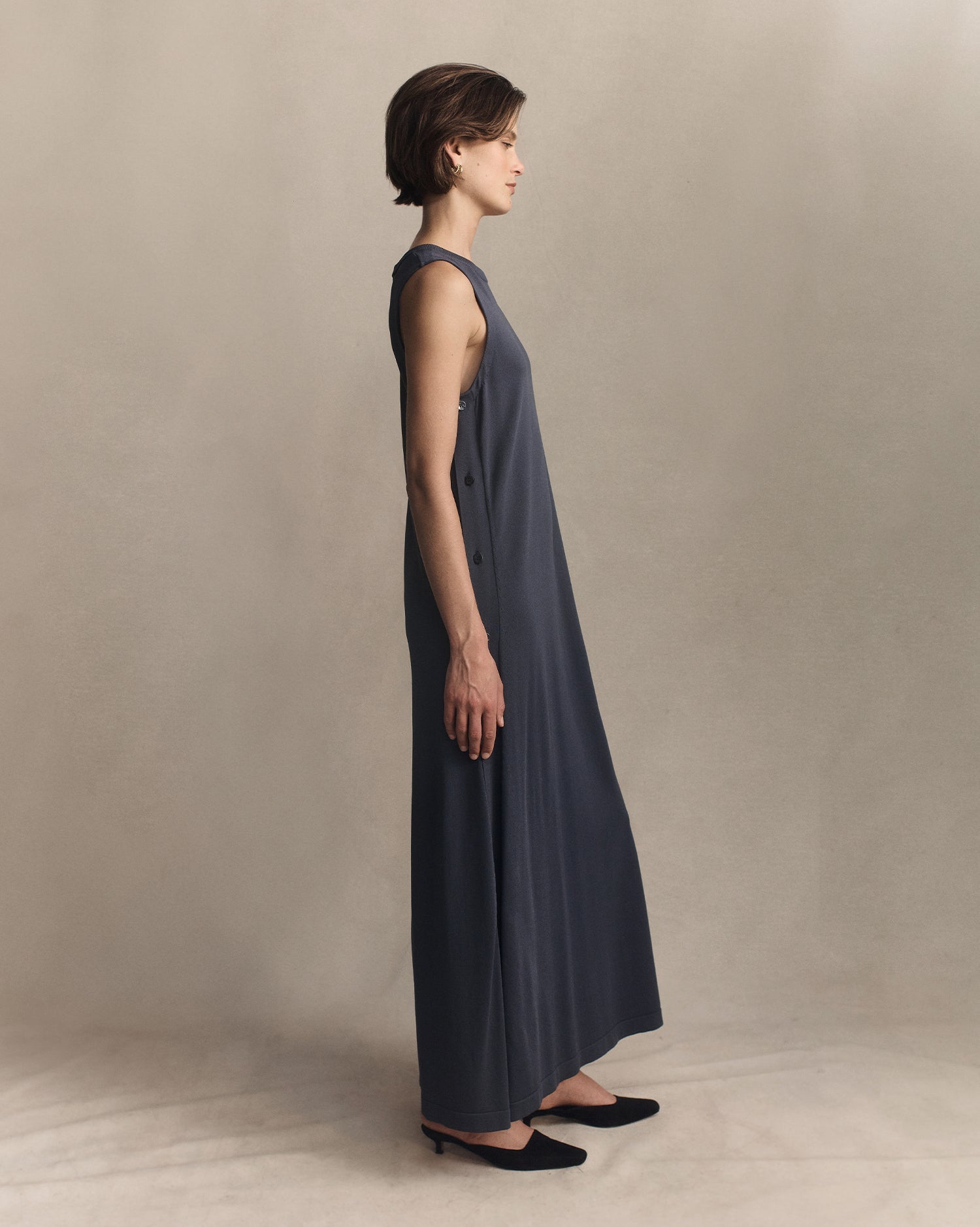 Crepe Knit Button Dress -  Oily Blue | P Johnson