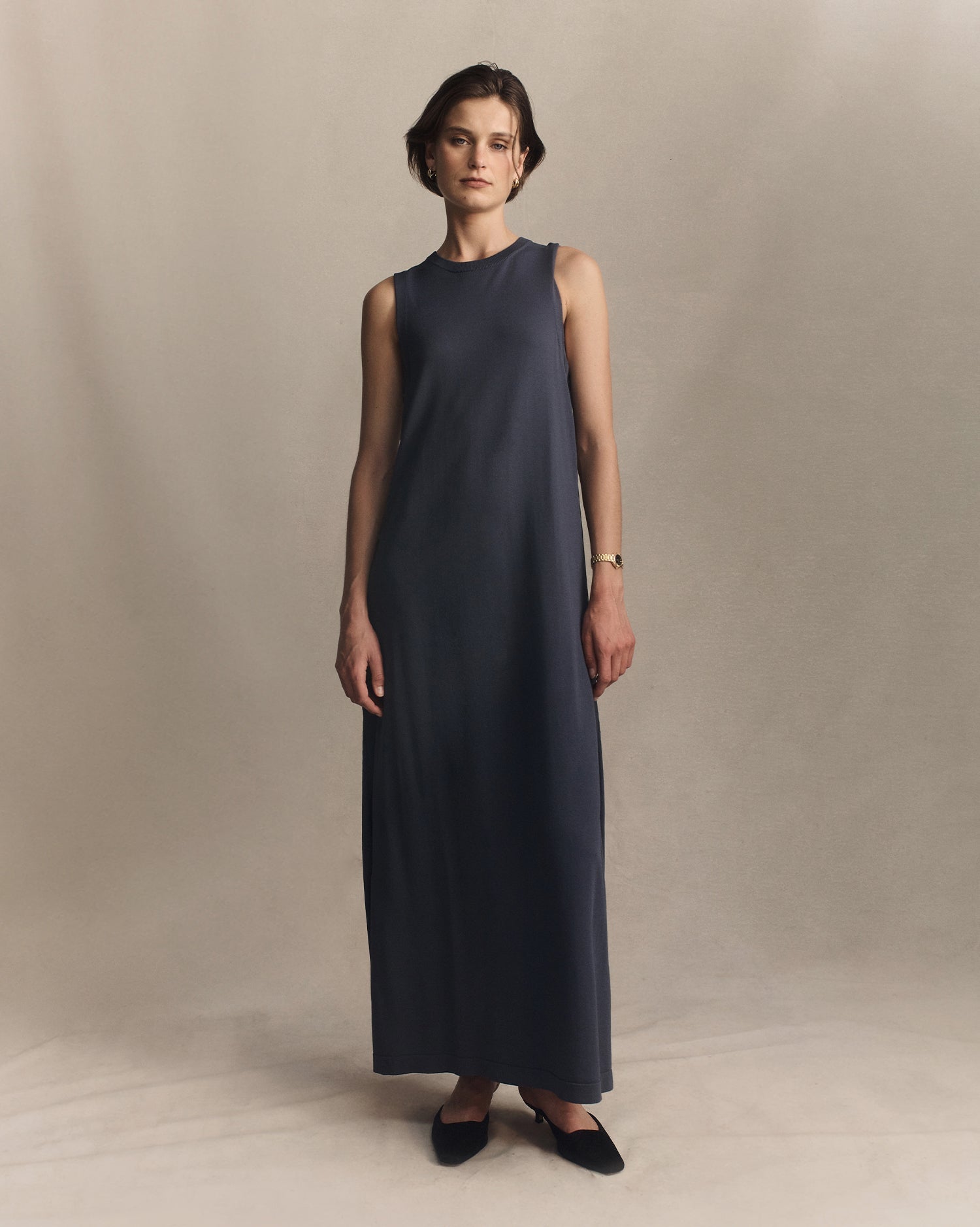 Crepe Knit Button Dress -  Oily Blue | P Johnson