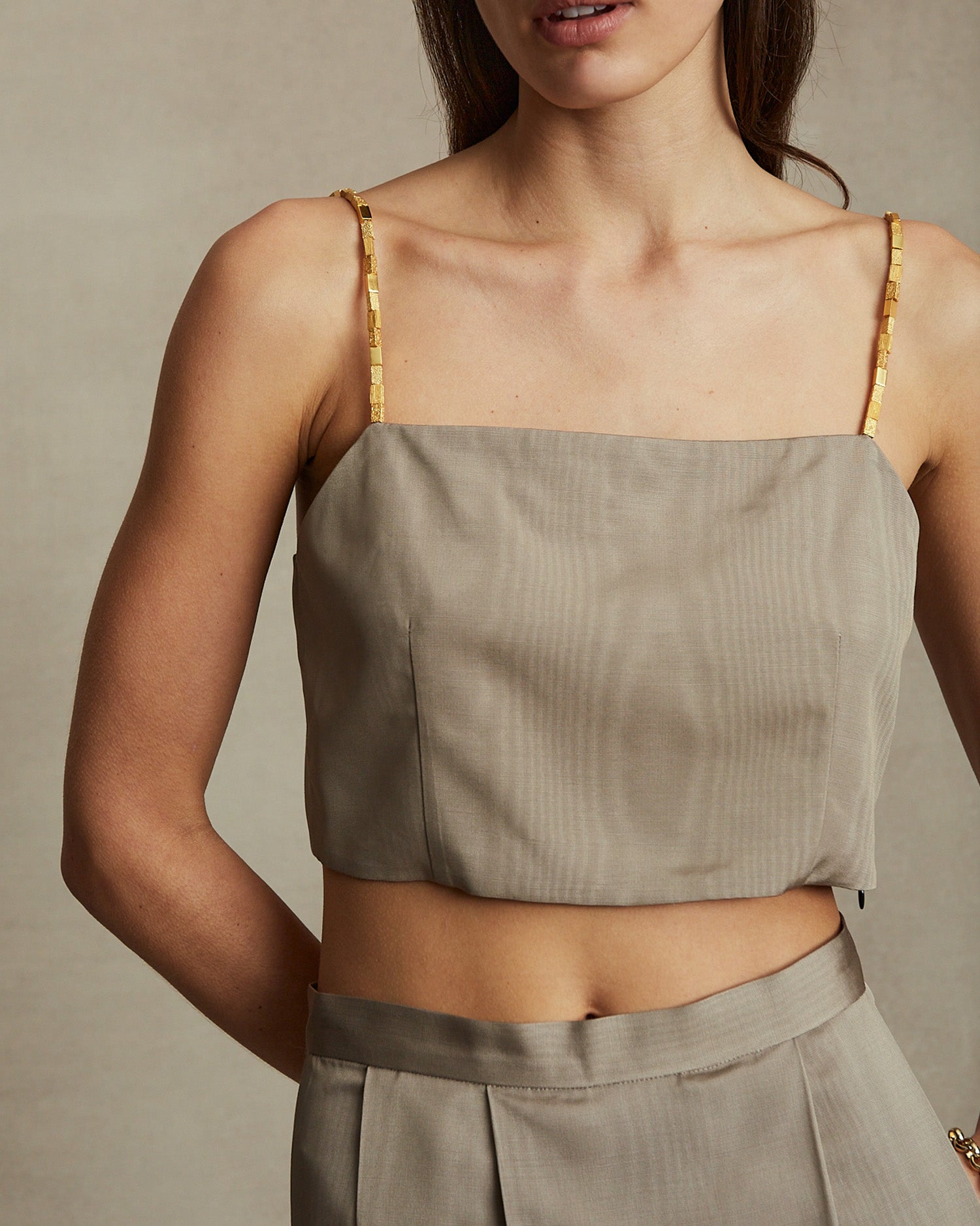 Helena Beaded Crop Top - Taupe Moire