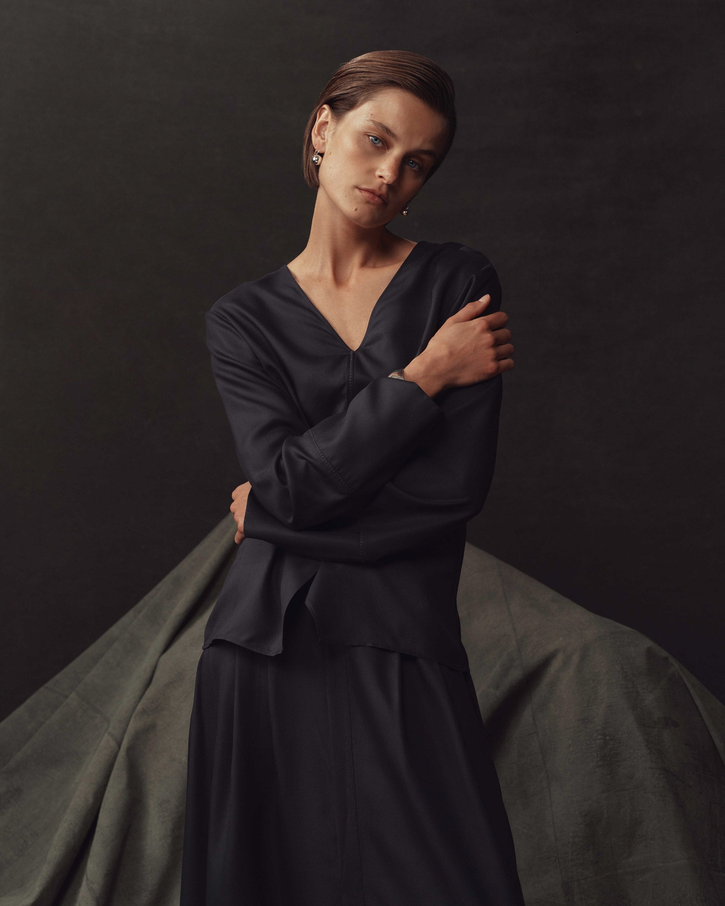 Maria Blouse - Navy Dupioni