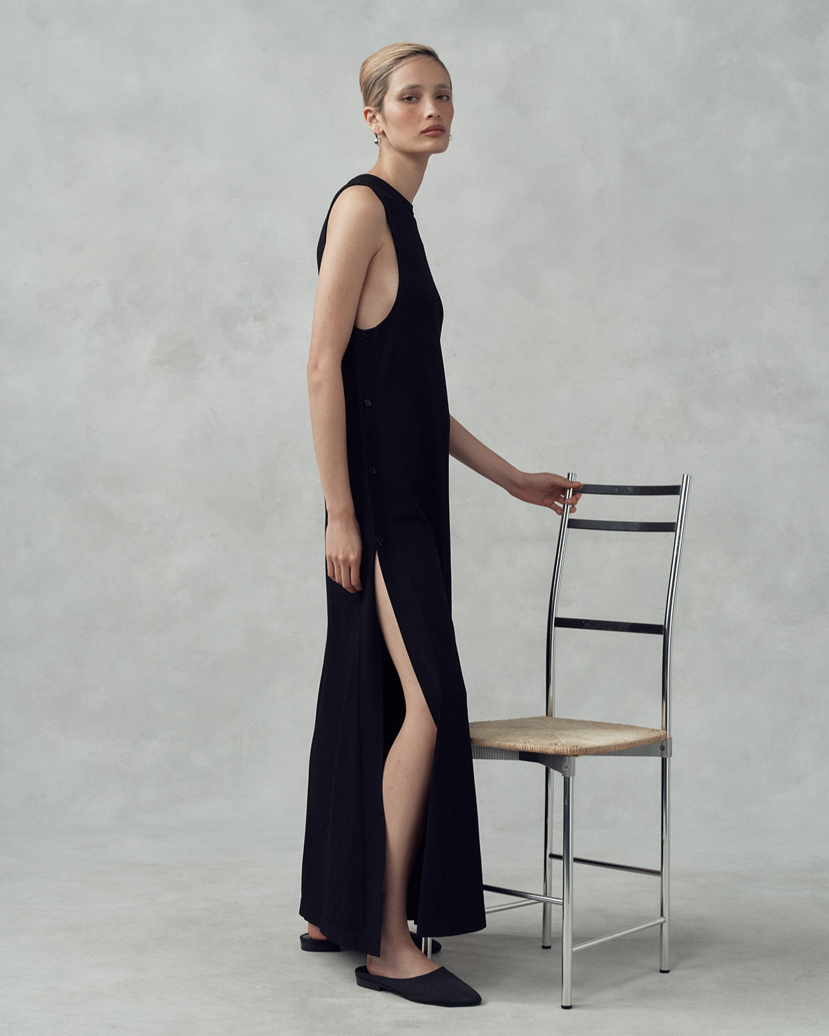 Crepe Knit Button Dress - Black | P Johnson