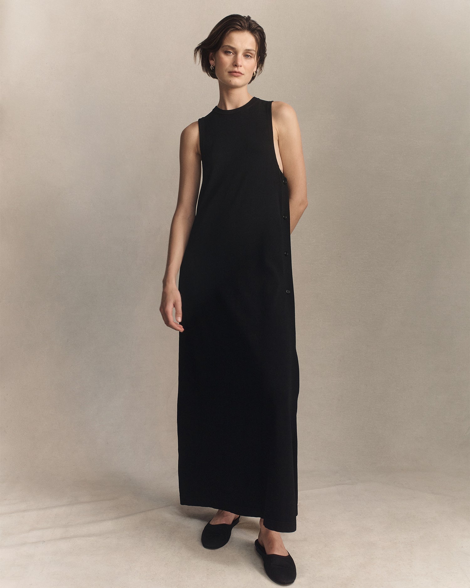 Crepe Knit Button Dress - Black | P Johnson