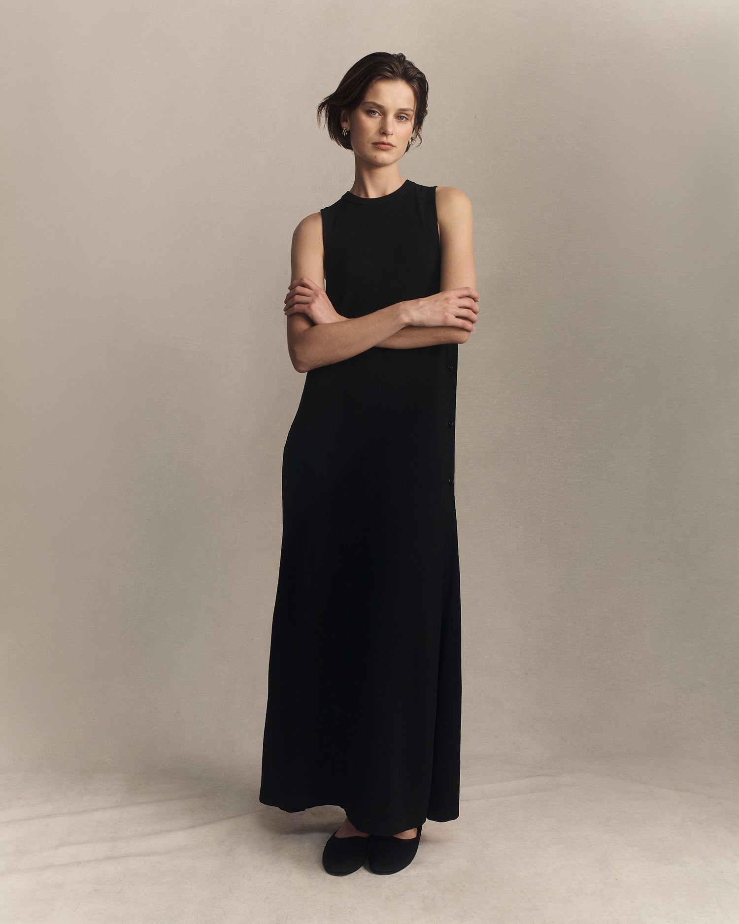 Crepe Knit Button Dress - Black | P Johnson