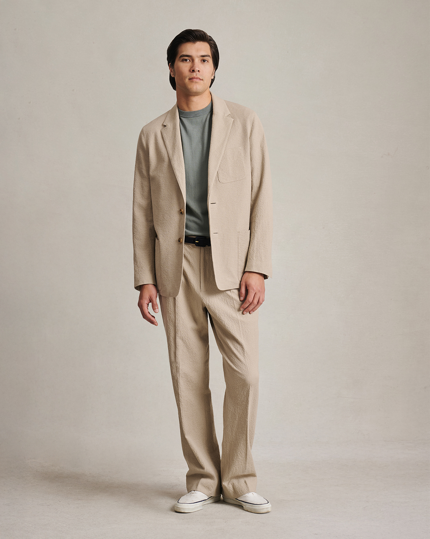 Double Pleated Trousers - Taupe Seersucker
