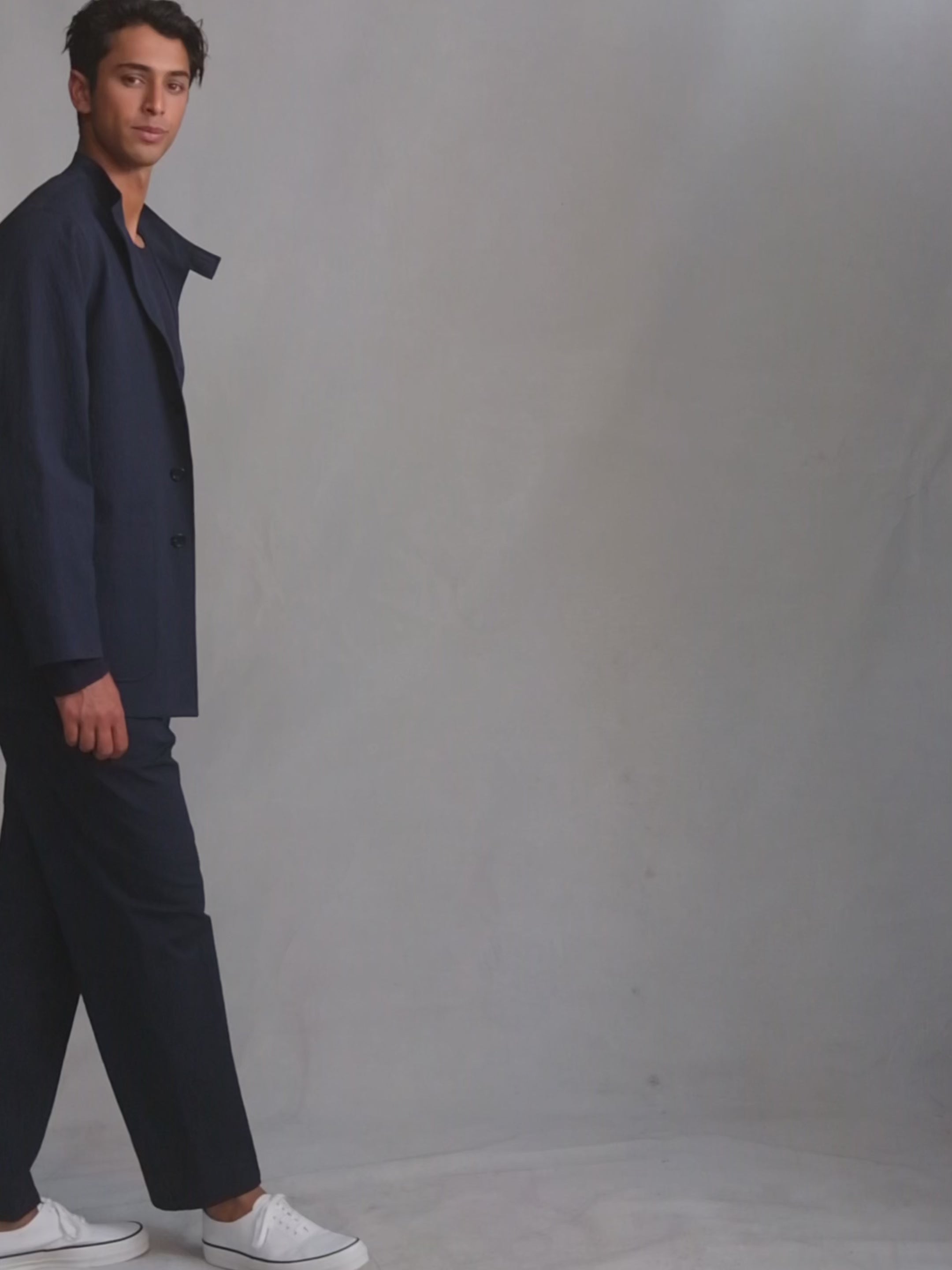 Double Pleated Trousers - Navy Seersucker | P Johnson