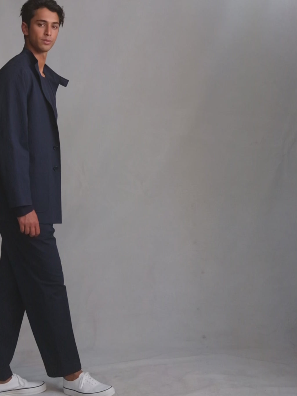 Double Pleated Trousers - Navy Seersucker | P Johnson