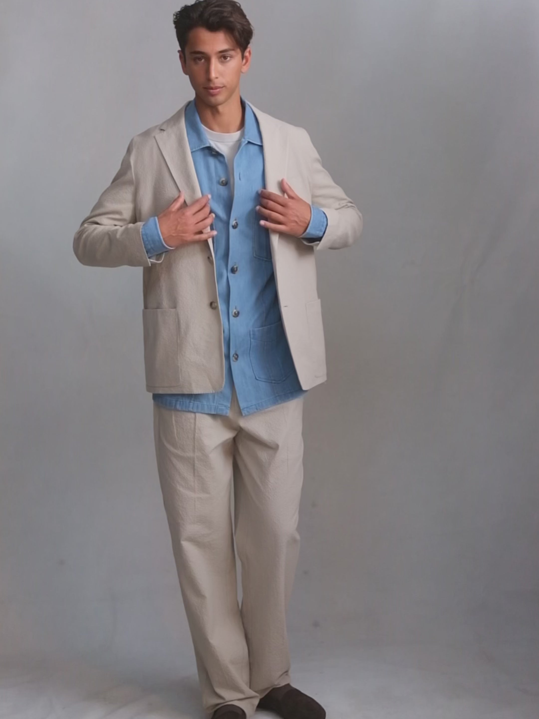 Double Pleated Trousers - Taupe Seersucker | P Johnson